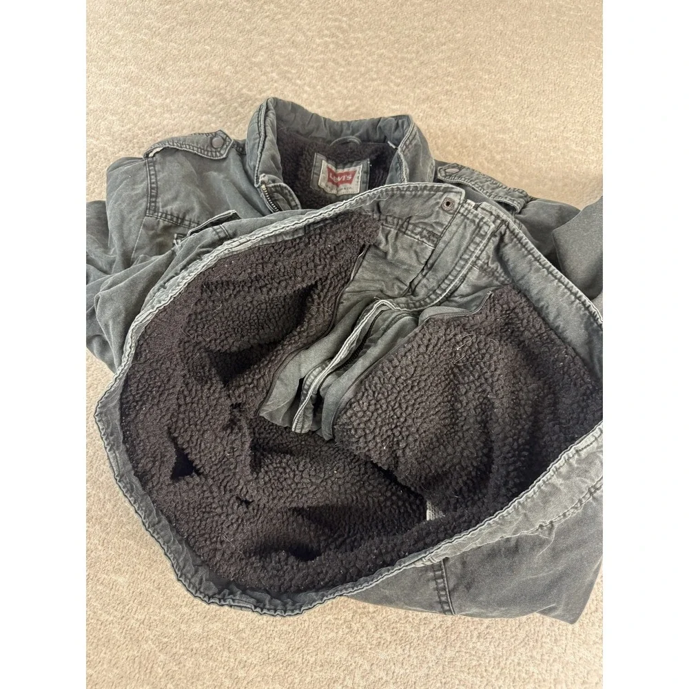 Levis Jacket Mens Large Black Sherpa Lined‎ Utility Field Coat Cotton Pockets